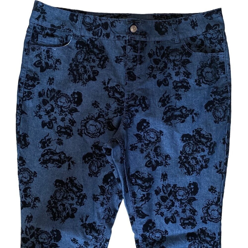 Women's Vintage Rose Print velvet texture tapered Premium Jeans pants women 18 - Picture 4 of 5